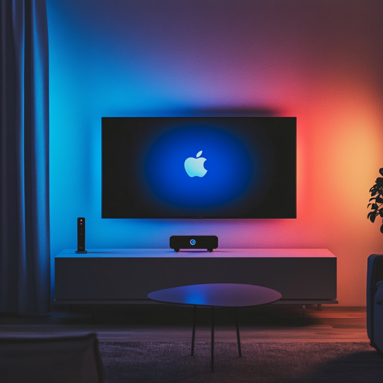 Een futuristische en minimalistische woonkamer met een grote flatscreen-tv aan de muur. Op de salontafel ligt een kleine, slanke streaming stick met het iconische Apple-logo. De kamer is modern ingericht, met slimme verlichting die een warme gloed verspreidt. De sfeer is stijlvol en technologisch geavanceerd, zonder enige tekst of woorden in het beeld. Het geheel straalt innovatie en elegantie uit, met een subtiele hint van luxe en toegankelijkheid.