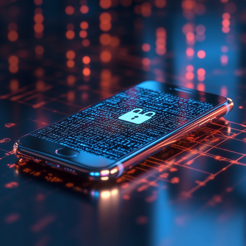 Een futuristisch beeld van een iPhone die op een tafel ligt, met een subtiele gloed van beveiliging die uit het scherm straalt. De achtergrond toont een abstract netwerk van cijfers en sloten die de beveiliging en encryptie symboliseren. De sfeer is modern en technologisch geavanceerd, zonder tekst of woorden in de afbeelding.
