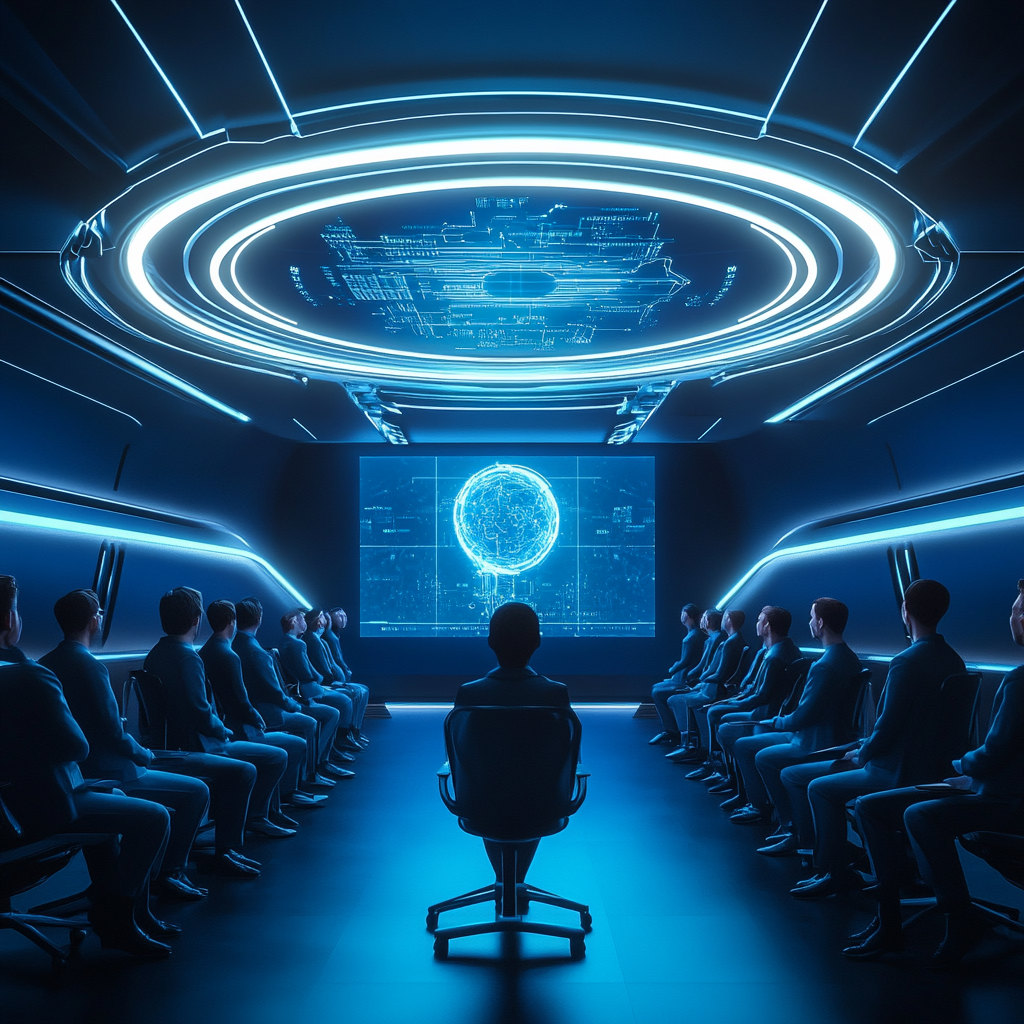 Een futuristische weergave van een AI-conferentie in een hypermoderne zaal. Het centrale stuk is een holografische projectie van het OpenAI o1-model. Rondom staan mensen in zakelijke kleding die gefascineerd toekijken. De kleuren zijn blauw en zilver, met een high-tech uitstraling. De sfeer is innovatief en vooruitziend, zonder tekst of woorden in de afbeelding.