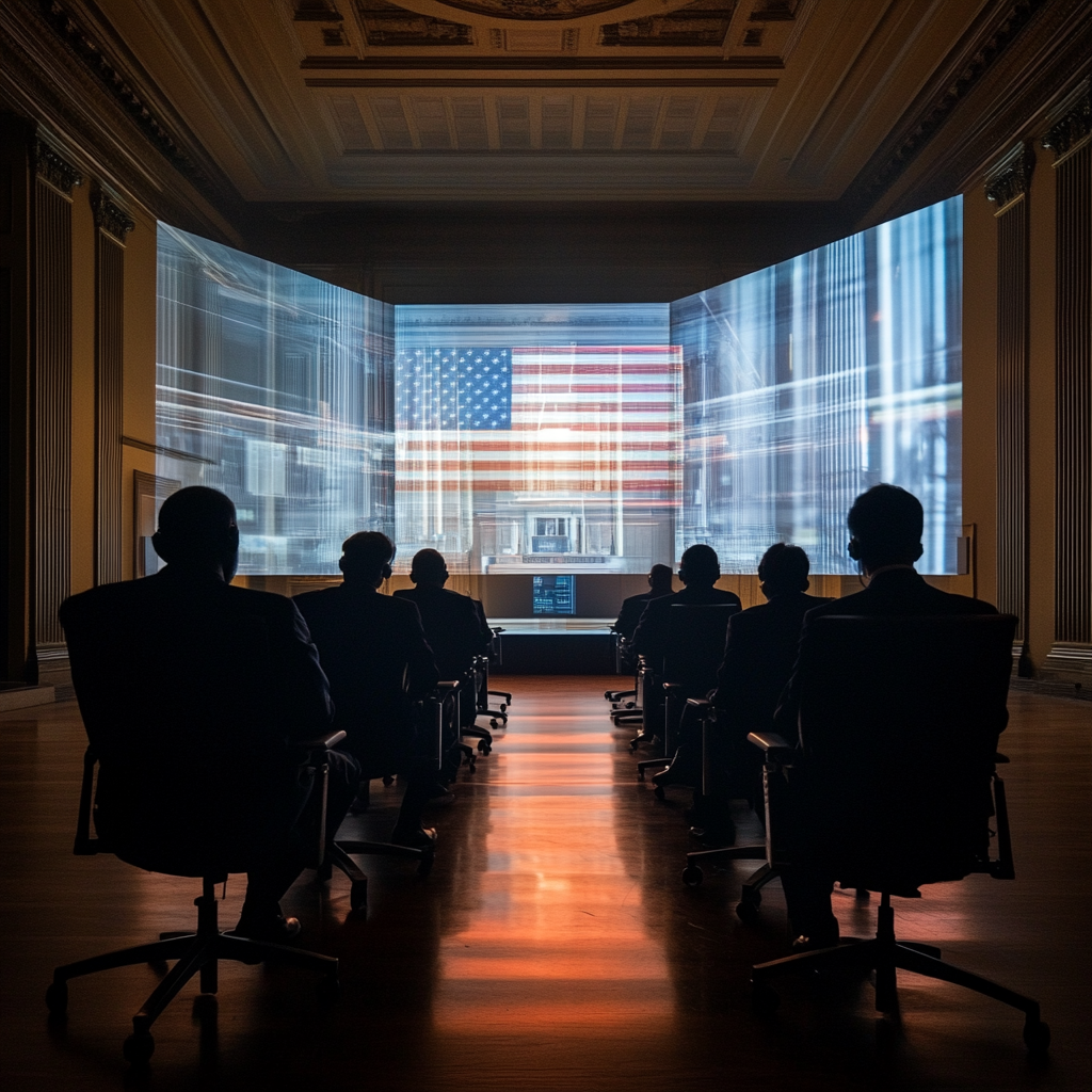 Een dramatische scène waarin duizenden politieagenten uit New Jersey samenkomen voor een grote rechtszaal, omringd door digitale symbolen van privacy zoals sloten en netwerken. De sfeer is gespannen en anticiperend, met een mix van moderne technologie en traditionele gerechtigheid. De kleuren zijn gedurfd en contrastrijk, zonder tekst of woorden in het kunstwerk.