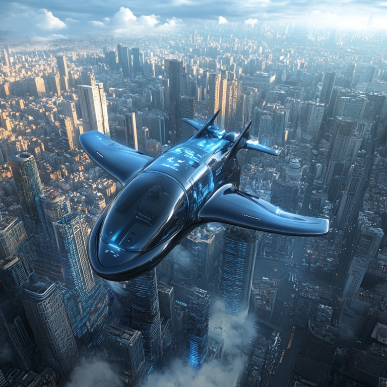 Een futuristische stad in India, waarin luchttaxi's van ePlane de lucht vullen. Helderblauwe lucht met futuristische wolkenkrabbers, luchttaxi's in verschillende kleuren zwevend boven het drukke stadsleven. De sfeer is levendig en technologisch, met een gevoel van vooruitgang en innovatie. Geen tekst of woorden in de afbeelding.