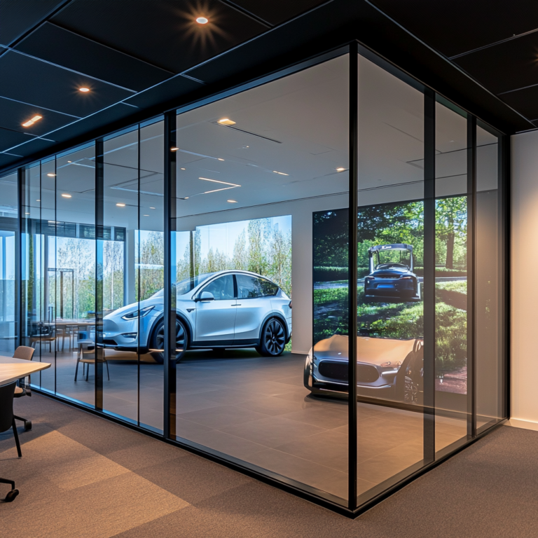 Een dynamische scène van Ron Baron in een moderne kantooromgeving, met afbeeldingen van Tesla-auto's en grafieken die stijgende lijnen tonen. De ruimte straalt een sfeer van succes en innovatie uit, met subtiele verwijzingen naar Elon Musk's bedrijven. De kleuren zijn levendig en futuristisch, met een focus op technologie en vooruitgang. Geen tekst of woorden in de afbeelding.