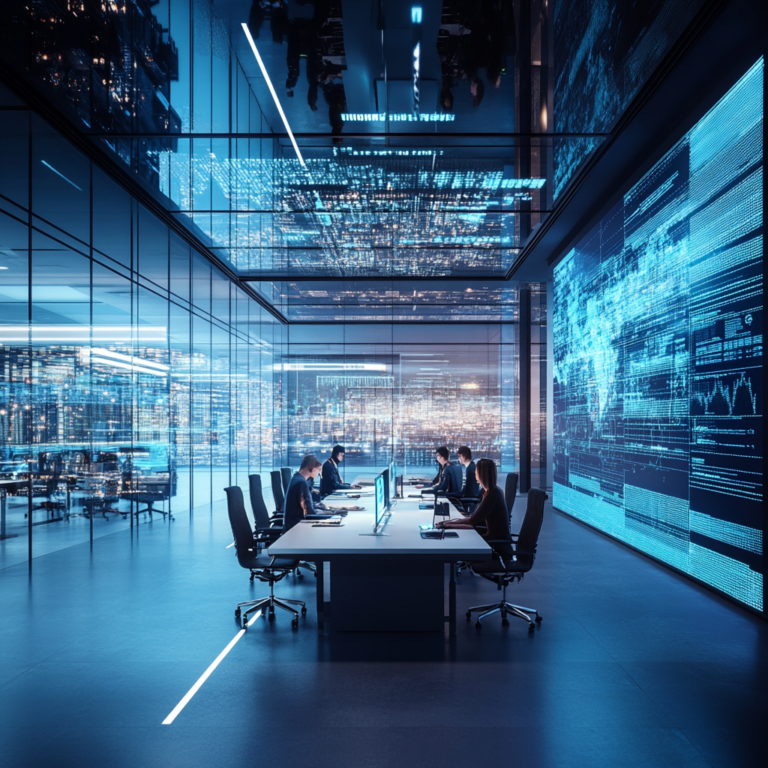 Een futuristische kantooromgeving waarin jonge, energieke tech-ondernemers werken aan innovatieve SMS-verificatieoplossingen. Het kantoor is modern ingericht met veel glazen wanden, technologie gadgets en een groot scherm dat complexe data en grafieken toont. De sfeer is dynamisch en vol energie, met een focus op samenwerking en innovatie. Geen tekst of woorden in de afbeelding.