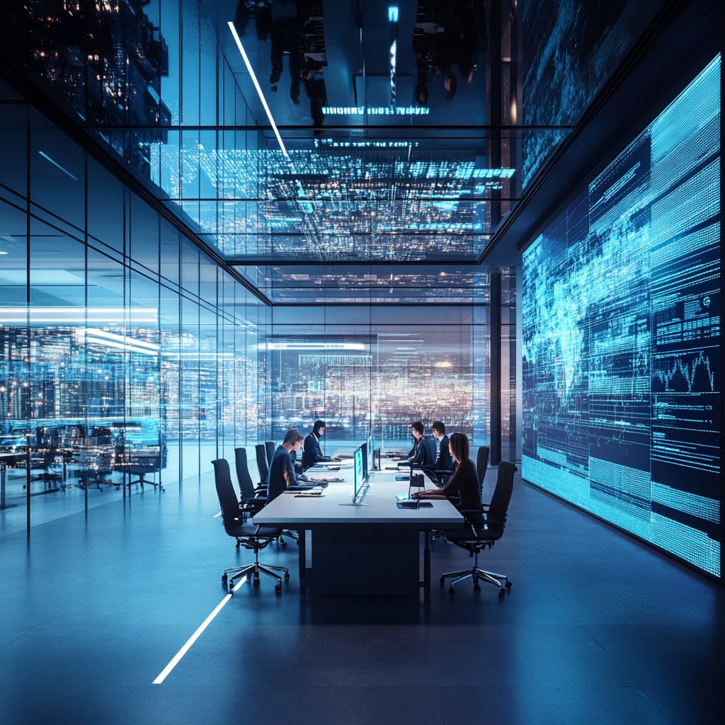 Een futuristische kantooromgeving waarin jonge, energieke tech-ondernemers werken aan innovatieve SMS-verificatieoplossingen. Het kantoor is modern ingericht met veel glazen wanden, technologie gadgets en een groot scherm dat complexe data en grafieken toont. De sfeer is dynamisch en vol energie, met een focus op samenwerking en innovatie. Geen tekst of woorden in de afbeelding.