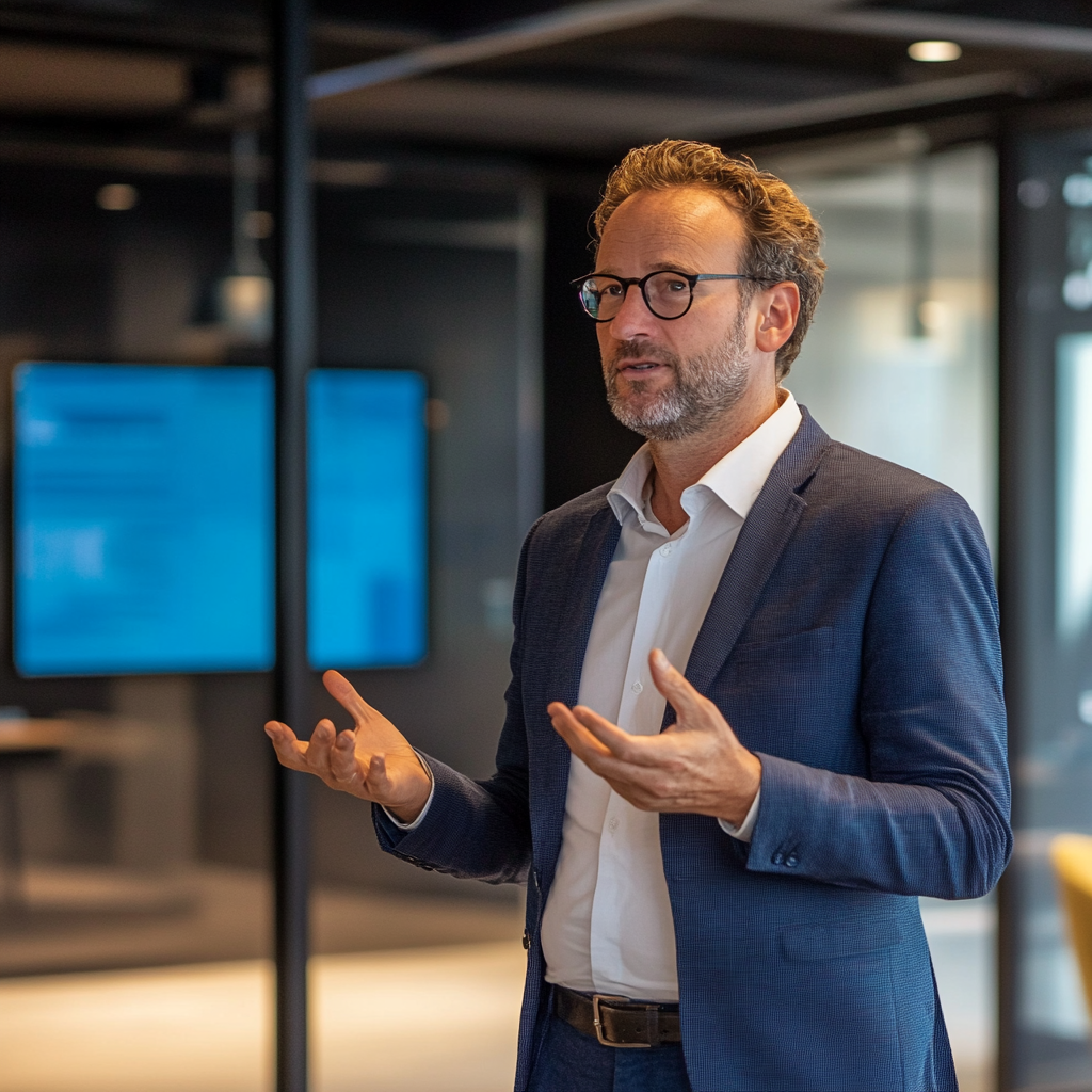 Een dynamisch kantoorlandschap met Patrick Jonker in gesprek met het Corporate Solutions team van ESET Nederland. Het interieur is modern, met futuristische technologie en schermen die cybersecurity visualiseren. De sfeer is innovatief en collaboratief, met een focus op digitale transformatie en cyberweerbaarheid. Geen tekst of woorden in de afbeelding.