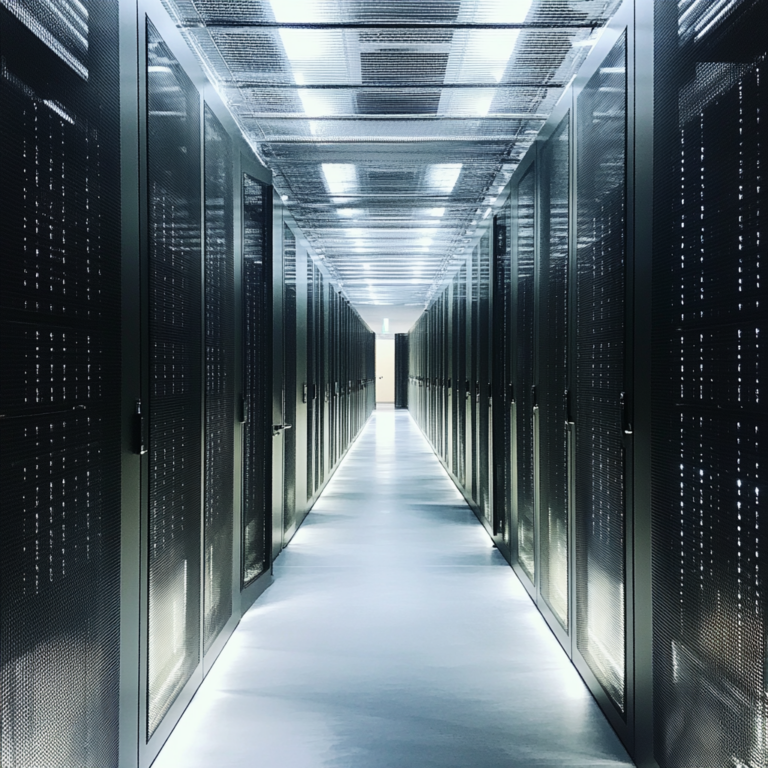 Een futuristisch en indrukwekkend datacenter, met rijen van glanzende servers en blauwe LED-verlichting die een gevoel van technologische vooruitgang en kracht uitstralen. De ruimte is gevuld met een zachte gloed van computerschermen die complexe data-analyses tonen. Het decor is modern en strak, met een high-tech uitstraling die de enorme investeringen en technologische vooruitgang symboliseert. Geen tekst of woorden in de afbeelding.