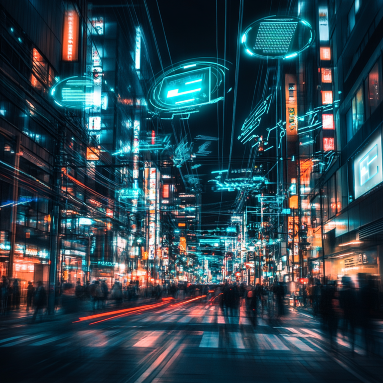 Een dynamische en futuristische stadsscène in Japan, met iconische wolkenkrabbers en neonlichten die het bruisende technologische centrum vertegenwoordigen. In de lucht zweven holografische representaties van halfgeleiders en chips, symboliserend de groei en innovatie in de technologie-industrie. De sfeer is energiek en vooruitstrevend, met een gevoel van opwinding en potentieel voor de toekomst, zonder tekst of woorden in de afbeelding.