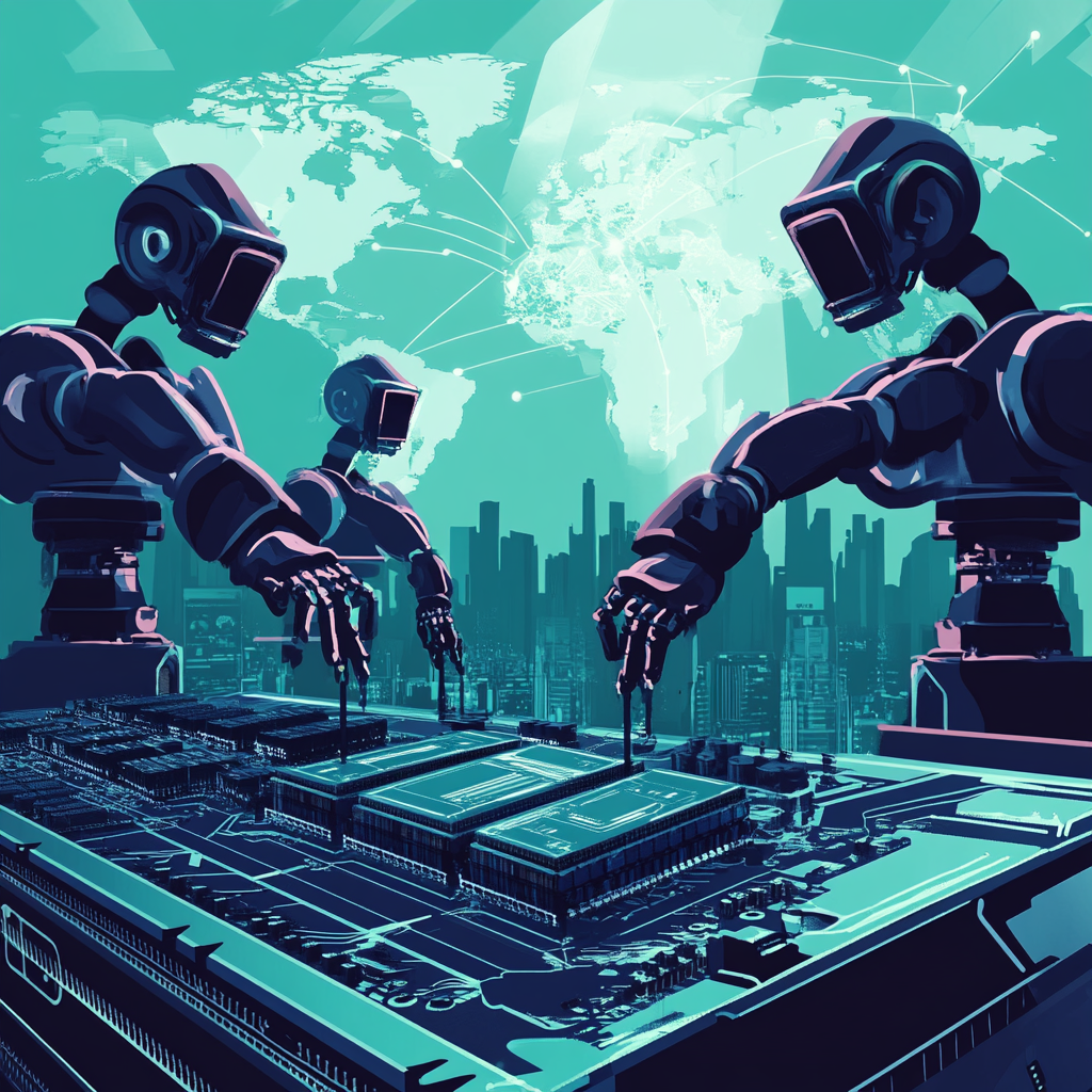 Een futuristisch beeld van een high-tech halfgeleiderfabriek in de VS, met robots die geavanceerde chips produceren. In de achtergrond zien we een wereldkaart die de geopolitieke spanningen tussen de VS en China symboliseert. De sfeer is geladen en technologisch geavanceerd, met een focus op innovatie en rivaliteit. Geen tekst of woorden in de afbeelding.