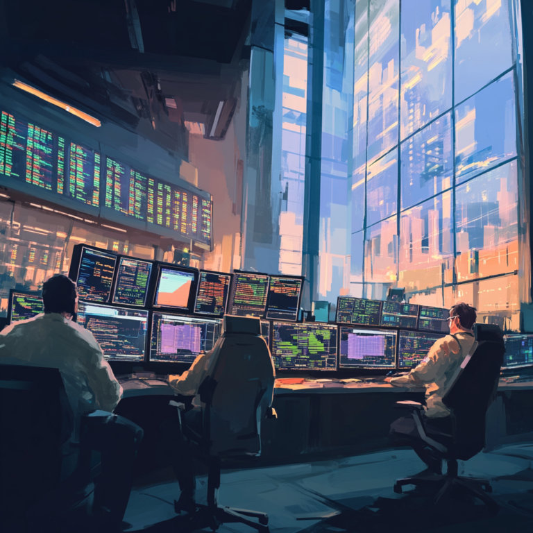 Een dramatische en futuristische weergave van de technologische rivaliteit tussen de VS en China, met een focus op AI. Beeld een high-tech stad uit met iconische gebouwen uit beide landen, omgeven door digitale netwerken en AI-robots. De sfeer is gespannen en competitief, met een duidelijke tegenstelling tussen de twee naties. Geen tekst of woorden in de afbeelding.