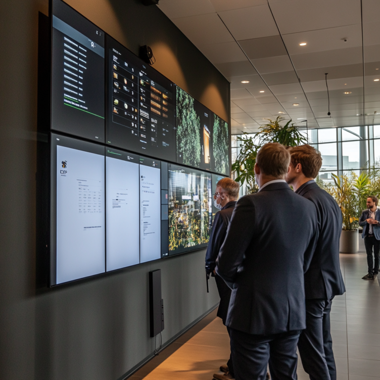 Een futuristisch contactcenter waar digitale interacties plaatsvinden, met holografische schermen en medewerkers die met klanten communiceren via geavanceerde technologieën. De ruimte straalt moderniteit en efficiëntie uit, met een kleurenpalet van blauw en zilver. Geen tekst of woorden in de afbeelding.