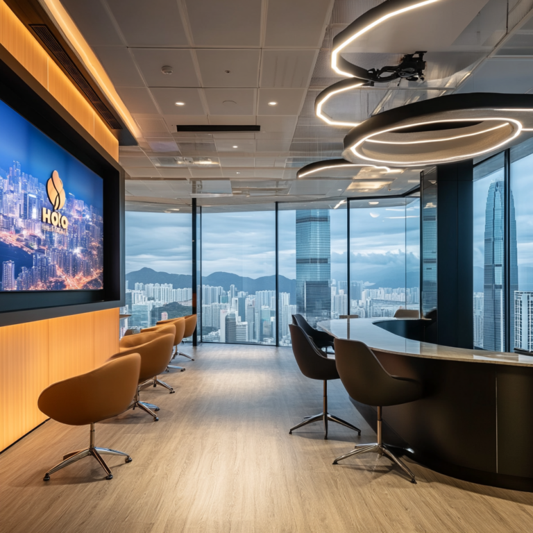 Een dynamische en bruisende beursvloer in Hongkong, met een prominente weergave van het logo van SF Holding Co. op grote schermen. De sfeer is energiek en vol verwachting, met investeerders en handelaren die actief bezig zijn. De kleuren zijn helder en levendig, met veel blauw en groen die de hoop en groei symboliseren. Geen tekst of woorden in de afbeelding.