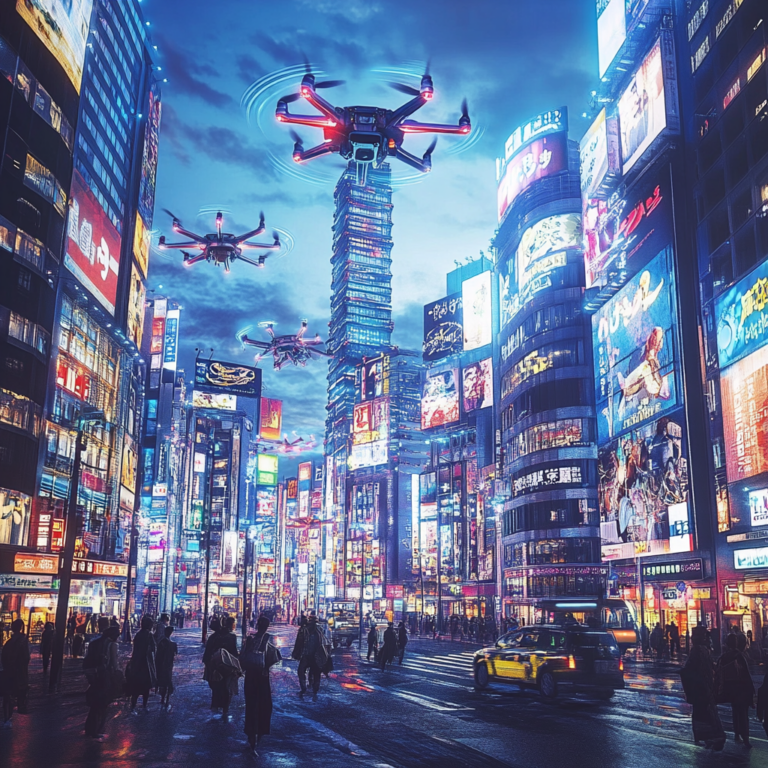 Een futuristisch stadsbeeld van Tokio, waar traditionele Japanse architectuur samenkomt met hypermoderne technologie. Skyscrapers met neonlichten, drones zwevend in de lucht, en mensen die AR-brillen dragen. De scène straalt innovatie, vooruitgang en een heropleving van technologische dominantie uit, zonder enige tekst of woorden in de afbeelding.