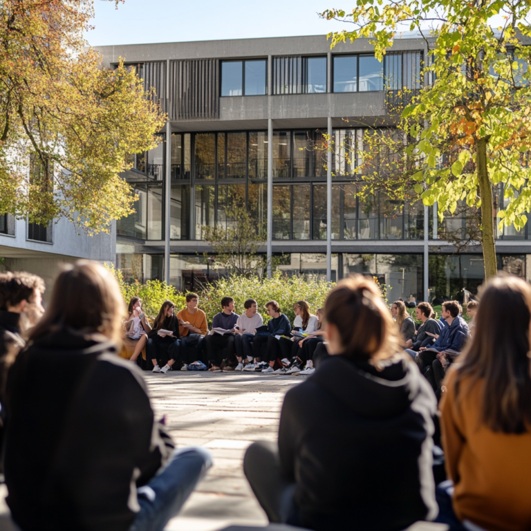 Een dramatische scène op de campus van ETH Zürich, met studenten van verschillende nationaliteiten die druk in discussie zijn buiten een iconisch universiteitsgebouw. De sfeer is gespannen maar ook levendig, met kleurrijke herfstbladeren die de omgeving omlijsten. De campus straalt zowel academische traditie als een gevoel van moderniteit uit, zonder enige tekst of woorden in de afbeelding.