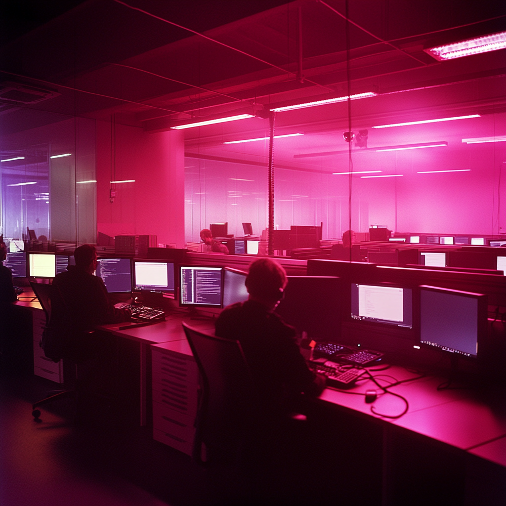 Een dramatische scène met een kantoor vol computers, waar digitale alarmbellen afgaan. Overal zijn rode lichten en waarschuwingstekens. Medewerkers kijken bezorgd naar schermen vol met data. De sfeer is gespannen en urgent, met een duidelijke focus op cyberbeveiliging en data-integriteit. Geen tekst of woorden in de afbeelding.