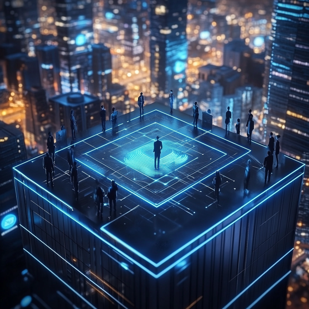 Een dynamische en futuristische scène van een moderne, drukke stad waar Checkr als een bedrijfsreus opduikt. Hoogbouw met verlichte logo's en een sfeer van vooruitgang en technologie. Mensen van verschillende achtergronden die in harmonie samenwerken, symboliserend de diverse klantenkring van Checkr. Geen tekst of woorden in de afbeelding.