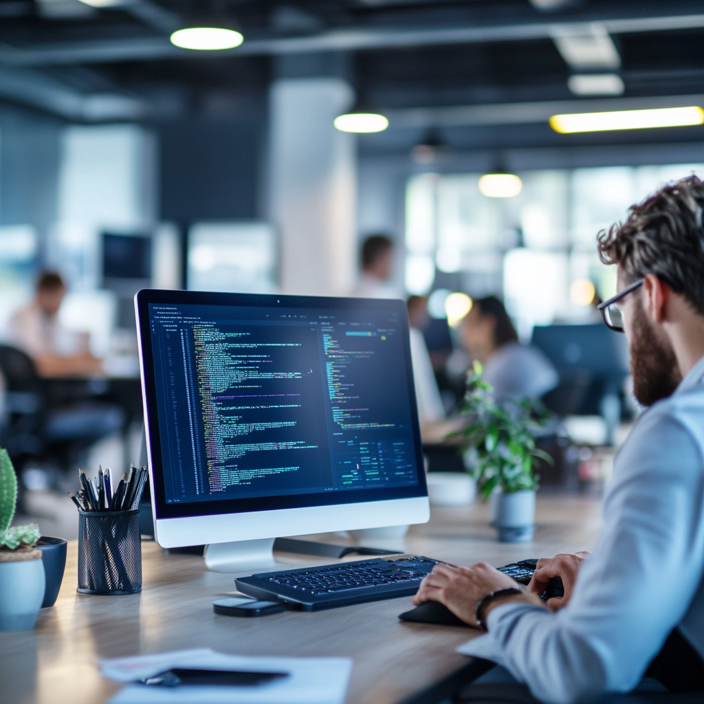 Een futuristisch kantoor met een team van ontwikkelaars die samenwerken aan geavanceerde AI-oplossingen. Het kantoor is uitgerust met moderne technologie en grote schermen die de interface van SlimmeDossiers.nl tonen. De sfeer is innovatief en energiek, met een focus op samenwerking en technologie. Geen tekst of woorden in de afbeelding.