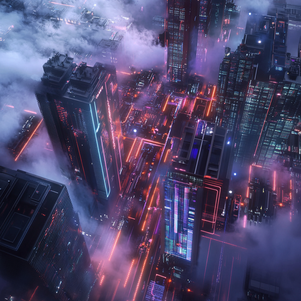 Een dramatische scène die de spanning tussen Qualcomm en Intel visualiseert, met twee grote techgebouwen tegenover elkaar, gescheiden door een kloof. De lucht is bewolkt, met een gevoel van afkoeling en onbesliste rivaliteit. Geen tekst of woorden in de afbeelding.