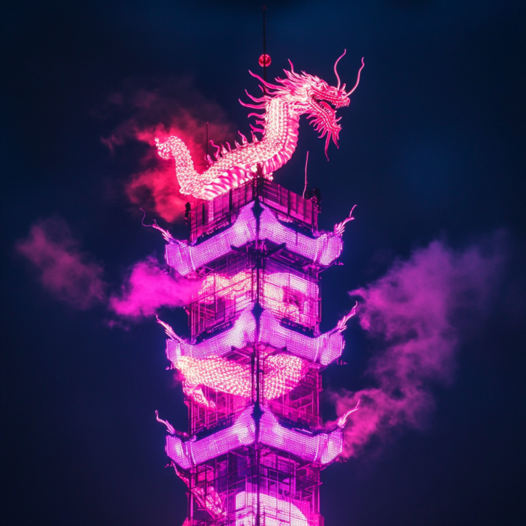 Een dramatische afbeelding van een T-Mobile toren met digitale golven en een schaduw van een draak die symbool staat voor de Chinese hackersaanval. De atmosfeer is gespannen en mysterieus, met een donker palet van kleuren en subtiele lichtaccenten die de dreiging en urgentie van de situatie benadrukken. Geen tekst of woorden in de afbeelding.