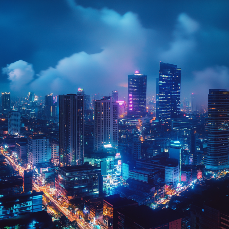 Een levendige en futuristische scène van Manila's financiële wijk bij nacht, met stralende wolkenkrabbers en neonlichten die de skyline verlichten. In het centrum van de afbeelding een imposant kantoorgebouw met een digitale ticker die de potentiële IPO van GCash aankondigt. De sfeer is dynamisch en vooruitstrevend, met een gevoel van innovatie en technologische vooruitgang. Geen tekst of woorden in de afbeelding.