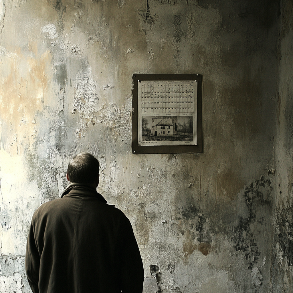 Een gevangeniscel met een man die hoopvol naar buiten kijkt. Er is een kalender aan de muur met afgekruiste dagen en een foto van het Witte Huis. De sfeer is somber maar met een sprankje hoop. Het licht valt door tralies op de vloer, en er is een subtiel gevoel van afwachting en verlangen naar vrijheid. Geen tekst of woorden in de afbeelding.