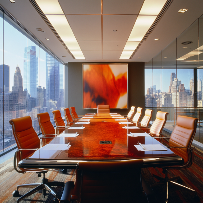 Een dramatische en gespannen zakelijke vergadering in een moderne boardroom, waar vertegenwoordigers van DirecTV en Dish Network tegenover elkaar zitten. De sfeer is geladen, met bezorgde gezichten en papieren verspreid over de tafel. De ruimte is verlicht door het licht dat door grote ramen schijnt, met een panoramisch uitzicht op een grootstedelijk skyline. De kleuren zijn koel en gedempt, met een gevoel van urgentie en zakelijke intrige. Geen tekst of woorden in de afbeelding.