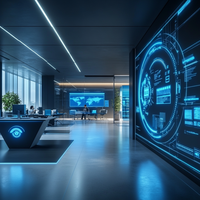 Een futuristisch kantoor met geavanceerde cybersecurity technologieën, waar holografische schermen de Zero Trust Segmentation oplossing van Zscaler tonen. De sfeer is high-tech en innovatief, met medewerkers die in een hypermoderne omgeving werken. Kleurenschema's zijn blauw en zilver, symboliserend veiligheid en vooruitgang. Geen tekst of woorden in de afbeelding.