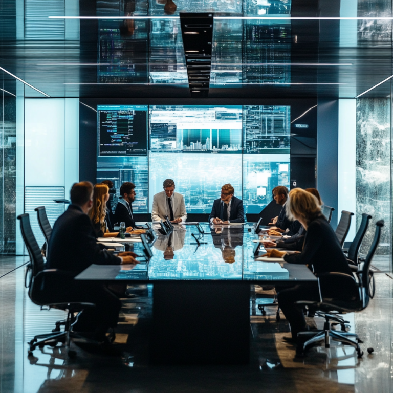 Een dramatische scène van een high-tech vergaderruimte waar vertegenwoordigers van Atos en de Franse overheid onderhandelen over een grote overname. De ruimte is modern ingericht met glazen muren, een groot conferentietafel en high-tech gadgets. Er zijn verschillende mensen in zakelijke kleding die geconcentreerd en betrokken zijn in de onderhandelingen. De sfeer is gespannen maar ambitieus, met een gevoel van grote beslissingen die op het punt staan genomen te worden. Geen tekst of woorden in de afbeelding.