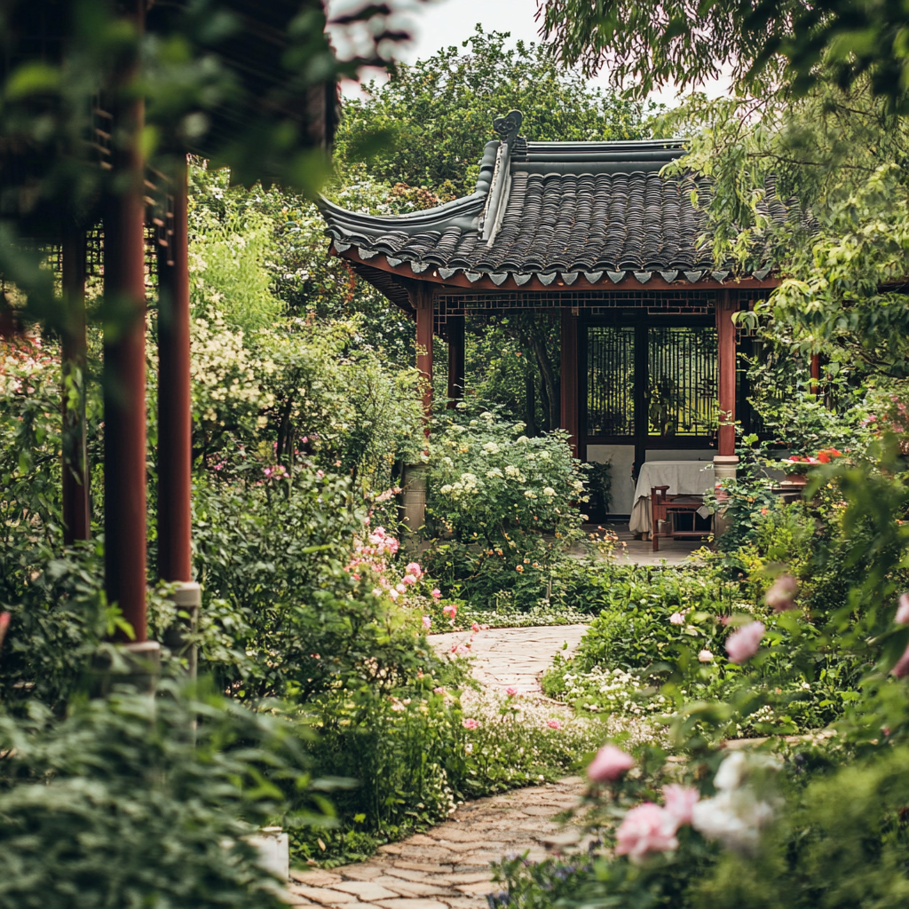 Een idyllisch en rustgevend beeld van de Chinese koningin van cottagecore, Li Ziqi, in een weelderige tuin vol bloemen en groen. Ze is bezig met traditionele Chinese ambachten, omringd door natuurlijke schoonheid. De sfeer is kalm en betoverend, met zachte kleuren en een serene uitstraling. Geen tekst of woorden in de afbeelding.