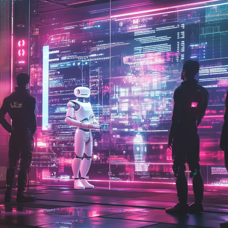 Een futuristische scène met een AI-chatbot die met verschillende gebruikers communiceert in een moderne, digitale omgeving. Heldere kleuren en een levendig scherm met geanimeerde interacties tussen mensen en de chatbot. De sfeer is innovatief en dynamisch, met een gevoel van vooruitgang en technologie. Geen tekst of woorden in de afbeelding.