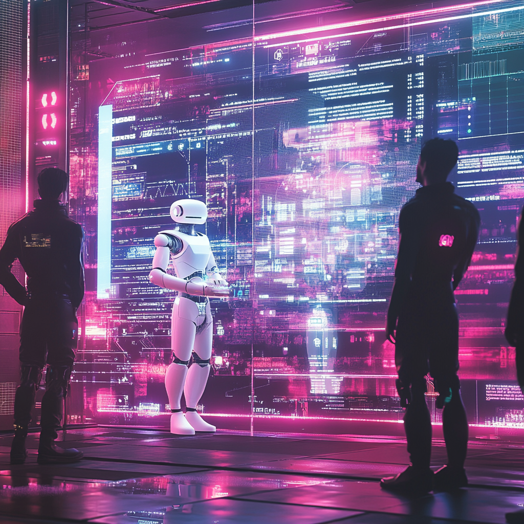 Een futuristische scène met een AI-chatbot die met verschillende gebruikers communiceert in een moderne, digitale omgeving. Heldere kleuren en een levendig scherm met geanimeerde interacties tussen mensen en de chatbot. De sfeer is innovatief en dynamisch, met een gevoel van vooruitgang en technologie. Geen tekst of woorden in de afbeelding.