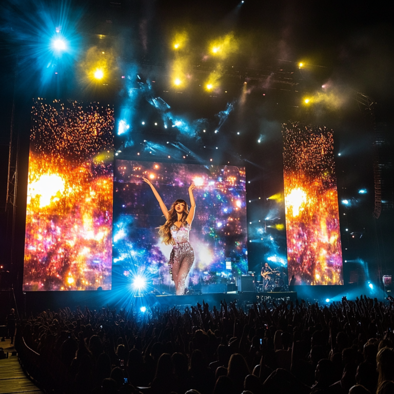 Een druk concert van Taylor Swift met een zee van fans die enthousiast juichen, kleurrijke lichten en een dynamische podiumopstelling. De sfeer is energiek en levendig, met een gevoel van opwinding en gemeenschap. Geen tekst of woorden in de afbeelding.