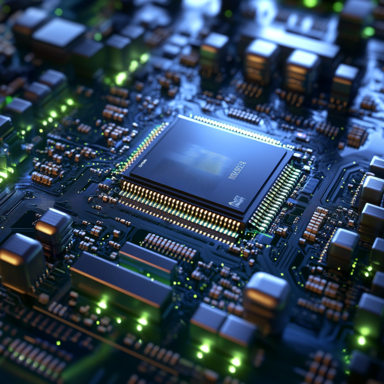 Een geavanceerde technologische omgeving waarin Nvidia's Blackwell-chip centraal staat. De chip straalt een futuristische uitstraling uit, omgeven door een netwerk van verbonden apparaten en schermen die gegevensstromen weergeven. De scène is verlicht met een blauwgroene gloed, wat een gevoel van innovatie en vooruitgang oproept. De atmosfeer is high-tech en visionair, zonder tekst of woorden in de afbeelding.