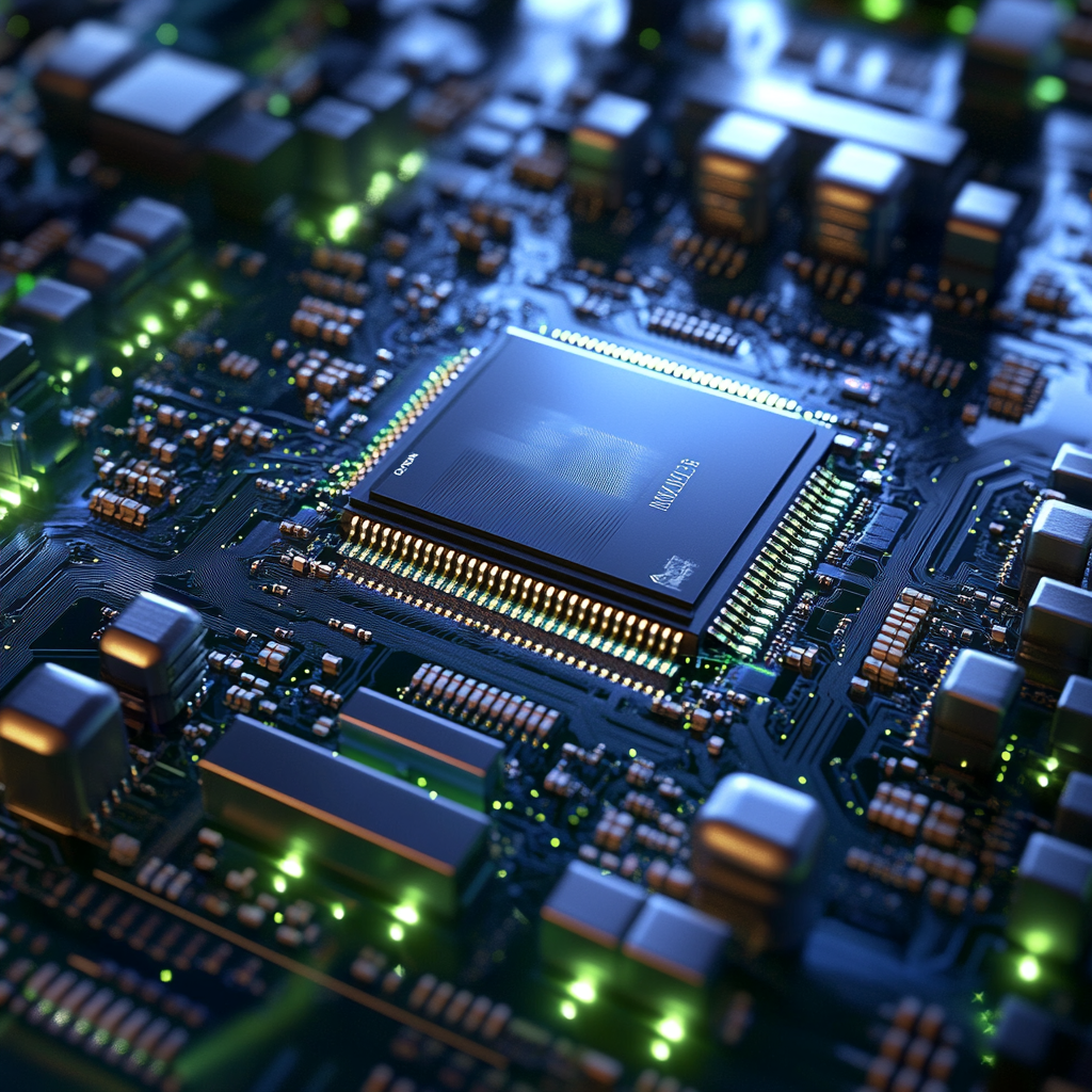 Een geavanceerde technologische omgeving waarin Nvidia's Blackwell-chip centraal staat. De chip straalt een futuristische uitstraling uit, omgeven door een netwerk van verbonden apparaten en schermen die gegevensstromen weergeven. De scène is verlicht met een blauwgroene gloed, wat een gevoel van innovatie en vooruitgang oproept. De atmosfeer is high-tech en visionair, zonder tekst of woorden in de afbeelding.