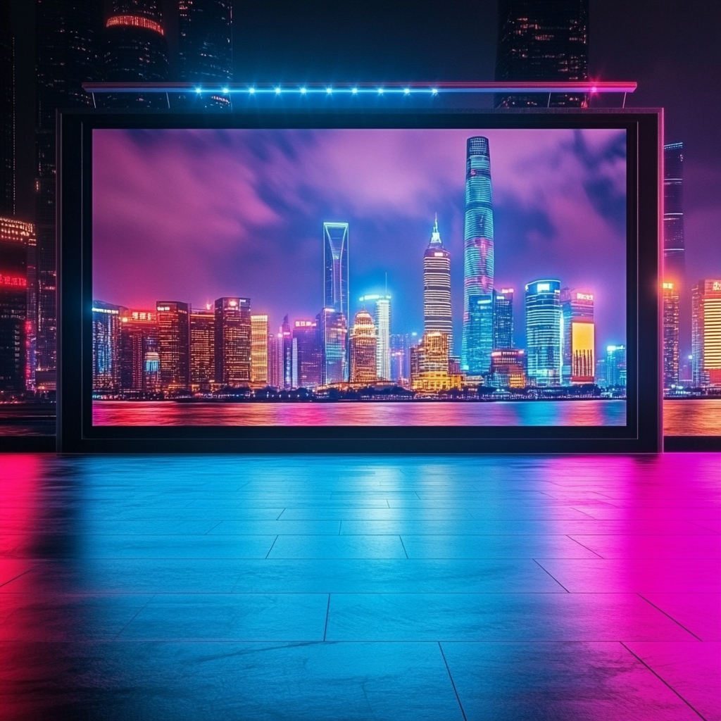 Een dramatische scène van de Chinese aandelenmarkt, met een focus op tech-aandelen. De achtergrond toont een moderne skyline, verlicht door neonlichten, met een groot scherm dat dalende aandelenkoersen laat zien. De sfeer is gespannen en dynamisch, met een mix van koele en warme kleuren die de volatiliteit van de markt weerspiegelen. Geen tekst of woorden in de afbeelding.