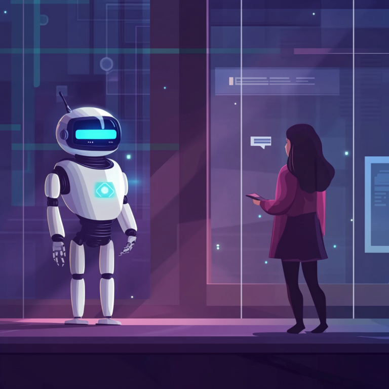 Een futuristische scène met een geanimeerde chatbot die een gesprek voert met een gebruiker in een moderne, minimalistische omgeving. De sfeer is high-tech en innovatief, met levendige kleuren en lichtreflecties die de interactiviteit en intelligentie van de chatbot benadrukken. Geen tekst of woorden in de afbeelding.