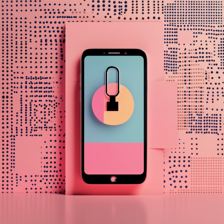 Een collage van een smartphone met een hangslot en sleutel over het toetsenblok voor de toegangscode. De afbeelding moet een gevoel van veiligheid en privacy uitstralen. De achtergrond moet een hoog-technologische sfeer hebben met gedempte kleuren, zonder tekst of woorden.