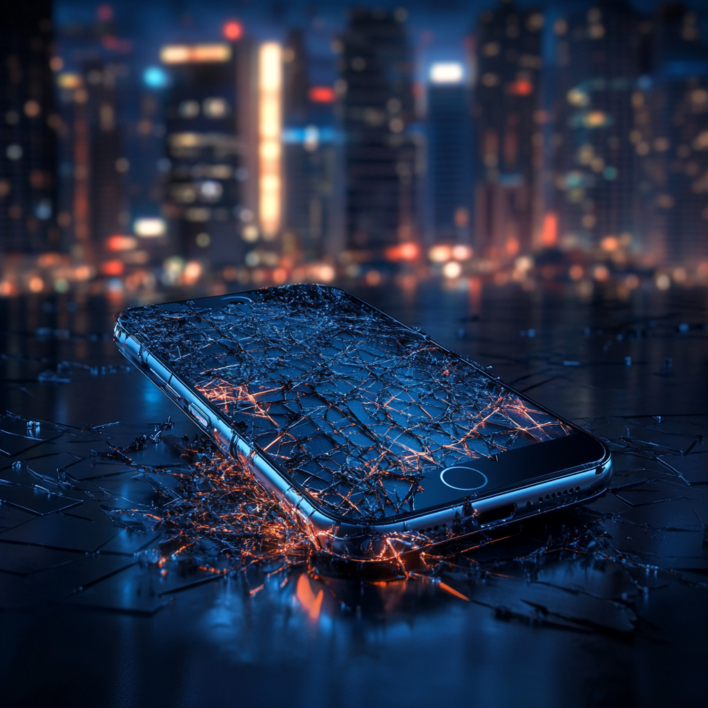 Een dramatisch en technologisch landschap dat de dreiging van cyberoorlogvoering uitbeeldt, met een netwerk van digitale lijnen die in een metropolitane skyline verdwijnen. Overlappende beelden van een smartphone met een gebroken scherm en een abstracte weergave van hackers die computercode typen. De sfeer is donker en mysterieus, met tinten van blauw en rood die een gevoel van urgentie en dreigende dreiging oproepen. Geen tekst of woorden in de afbeelding.