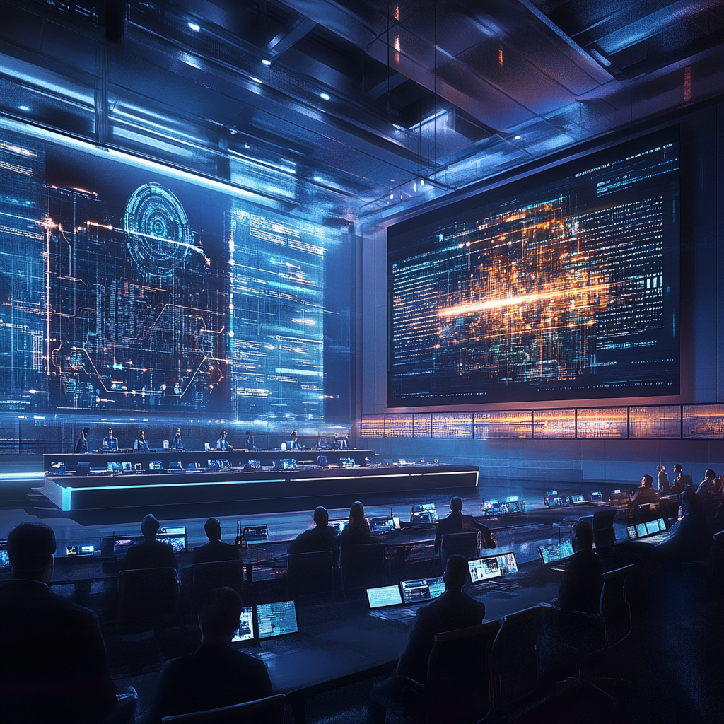 Een futuristisch tafereel met een jongere die op een telefoon kijkt, terwijl AI-elementen zoals algoritmische lijnen en digitale ogen op de achtergrond zichtbaar zijn. De sfeer is zowel mysterieus als technologisch geavanceerd, met een focus op privacy en veiligheid. De kleuren zijn modern en technologisch, met blauw en zilver als dominante tinten. Geen tekst of woorden in de afbeelding.