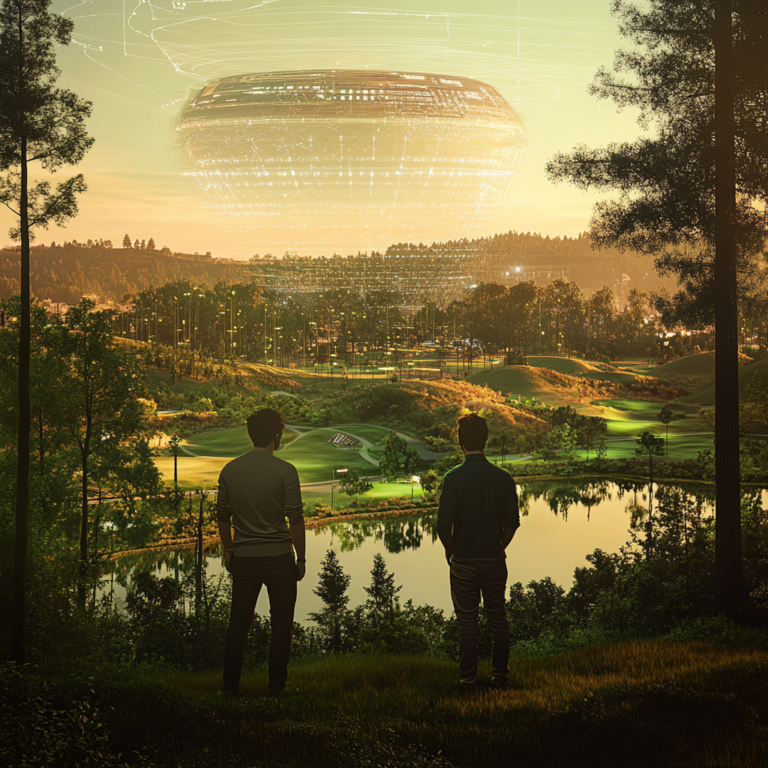 Een levendige en futuristische scène in Silicon Valley, waarin invloedrijke techfiguren zoals Palmer Luckey en Joe Lonsdale zich voorbereiden op een nieuwe golf van startups. De omgeving is high-tech en innovatief, met glanzende gebouwen en een zichtbare sfeer van vooruitgang en politieke betrokkenheid. De scène straalt energie en anticipatie uit, zonder enige tekst of woorden in de afbeelding.