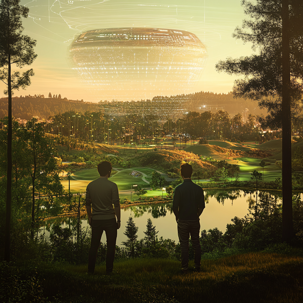 Een levendige en futuristische scène in Silicon Valley, waarin invloedrijke techfiguren zoals Palmer Luckey en Joe Lonsdale zich voorbereiden op een nieuwe golf van startups. De omgeving is high-tech en innovatief, met glanzende gebouwen en een zichtbare sfeer van vooruitgang en politieke betrokkenheid. De scène straalt energie en anticipatie uit, zonder enige tekst of woorden in de afbeelding.