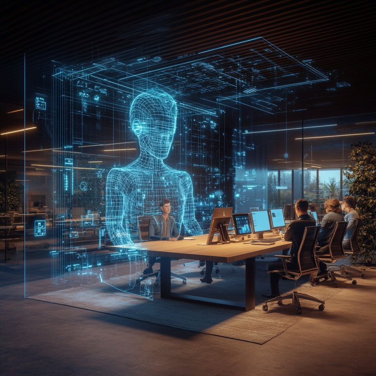 Een futuristisch kantoor met een team van mensen die samenwerken met holografische AI-assistenten. De AI's hebben menselijke vormen en communiceren via projecties. Het kantoor is high-tech en minimalistisch, met veel glas en moderne meubels. De sfeer is innovatief en dynamisch, met een focus op samenwerking tussen mens en machine. Geen tekst of woorden in het beeld.