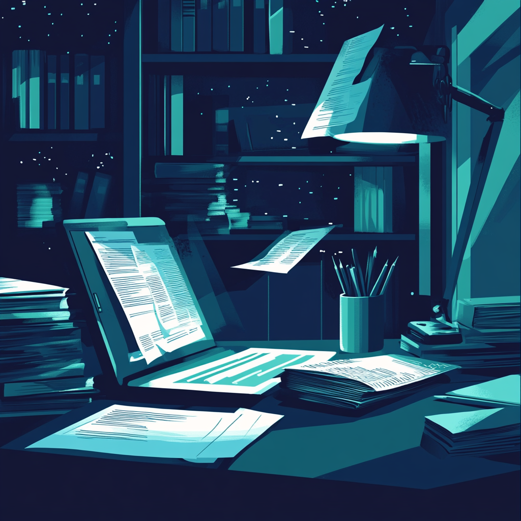 Een dramatisch tafereel waarin een bureau vol met geheime documenten en digitale kaarten wordt verlicht door het scherm van een laptop waarop een waarschuwing voor datahandel verschijnt. De atmosfeer is gespannen en modern, met blauwe en groene tinten die een gevoel van urgentie en technologie oproepen. In de achtergrond zijn vage, onherkenbare silhouetten van mensen te zien, die de anonimiteit en grootheid van de data-industrie symboliseren. Geen tekst of woorden in de illustratie.