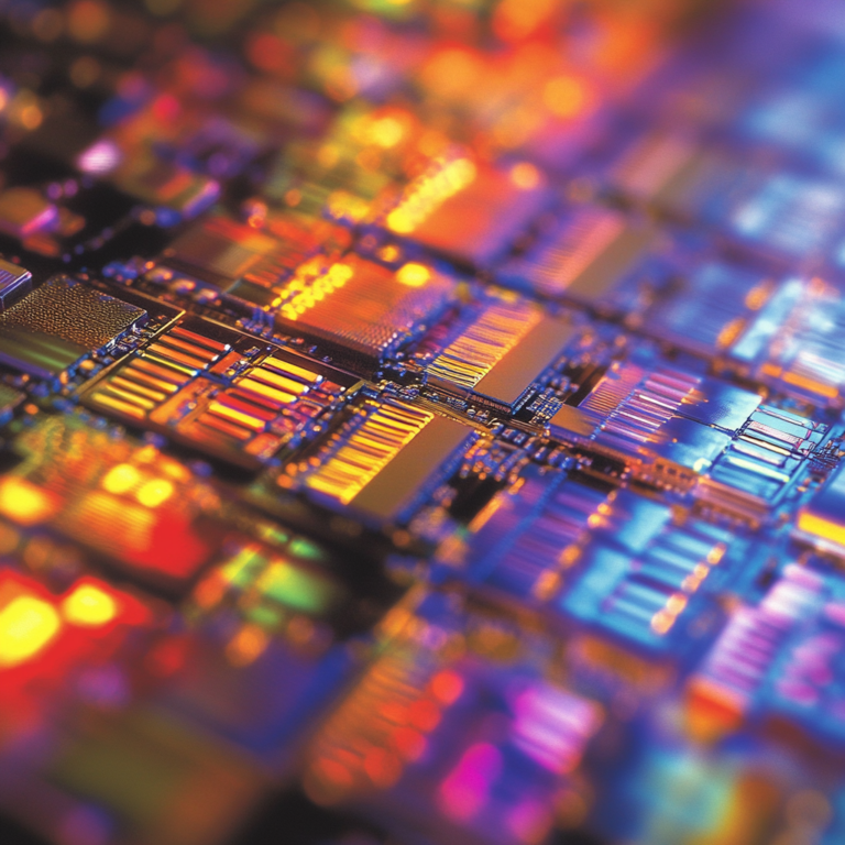 Een indrukwekkende weergave van de chipindustrie. Aan de ene kant, een glinsterende, moderne chip van Broadcom die innovatie en succes uitstraalt. Aan de andere kant, een gebarsten en verouderde chip van Intel, symbool van uitdagingen en tegenslagen. De achtergrond toont een futuristisch technologielandschap met levendige kleuren en dynamische lijnen, die de intense concurrentie en dynamiek binnen de industrie weerspiegelen. Geen tekst of woorden in de afbeelding.