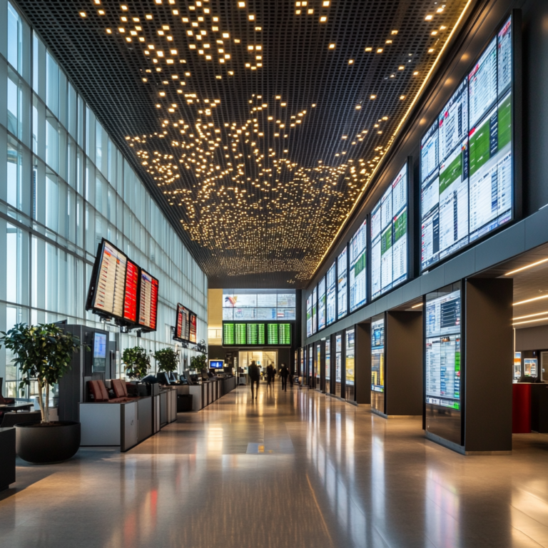 Een dramatische scène van een moderne luchthaven zoals Linate of Malpensa in Milaan, met nadruk op digitalisering en technologie. De luchthaven is weergegeven met veel schermen en digitale borden, waarvan sommige defect zijn als gevolg van een cyberaanval. De sfeer is gespannen, met een gevoel van urgentie en chaos, terwijl personeel probeert de situatie onder controle te krijgen. Geen tekst of woorden in de afbeelding.
