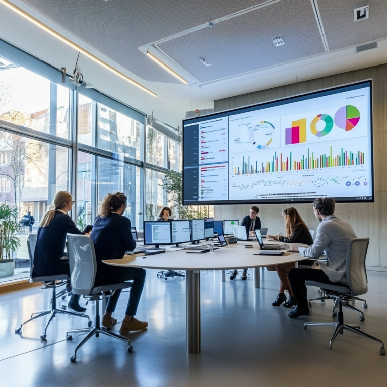 Een futuristisch stadslandschap in Zuid-Korea, gedomineerd door hoogtechnologische fabrieken en laboratoria gericht op elektrische voertuigen en batterijproductie. De skyline wordt verlicht door neonlichten, met zichtbare infrastructuur voor duurzame energie. Werknemers in high-tech outfits bewerken complexe machines terwijl drones in de lucht zweven. De sfeer is innovatief en vooruitstrevend, zonder tekst of woorden in de afbeelding.