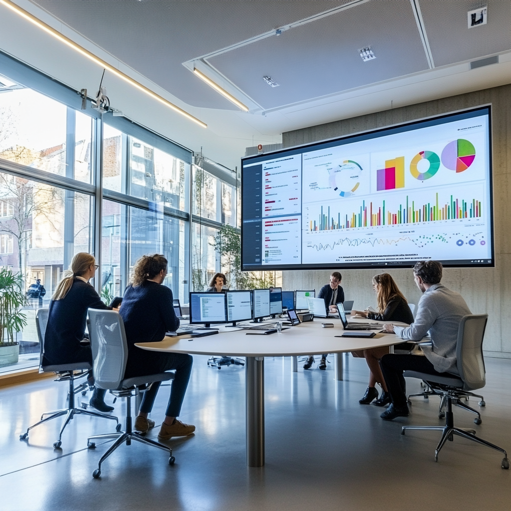 Een dynamische kantoorsetting waarin mensen samenwerken en data visualiseren als tastbare producten. Heldere schermen met grafieken en data-analyse, een moderne vergaderruimte en teamwork in volle gang. Een sfeer van innovatie en toekomstgerichte technologie, zonder tekst of woorden in de afbeelding.