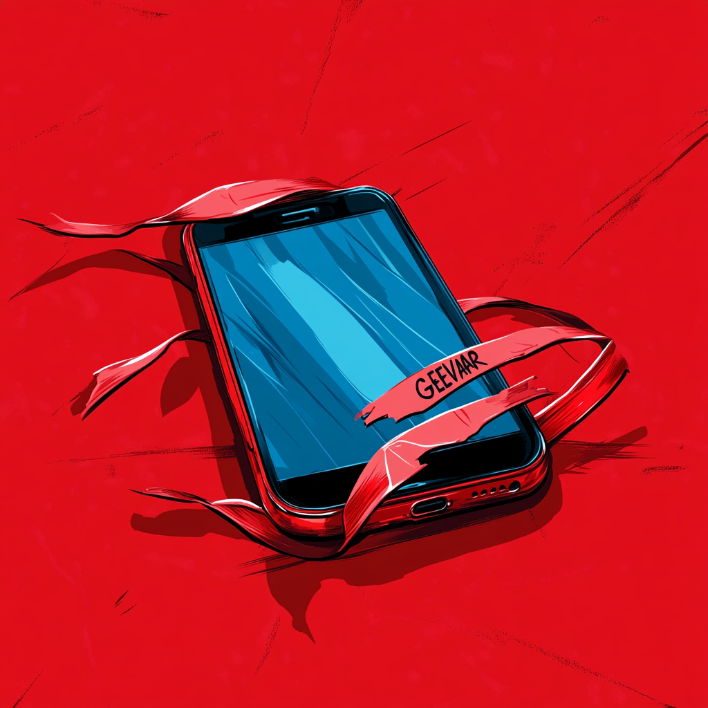 Een dreigende illustratie van een smartphone omgeven door rood waarschuwingslint met het woord 'GEVAAR'. De scène is duister en dramatisch, met een blauwe zweem die het scherm van de telefoon benadrukt. De sfeer is gespannen en roept een gevoel van dreiging en urgentie op, zonder tekst of woorden in het beeld.