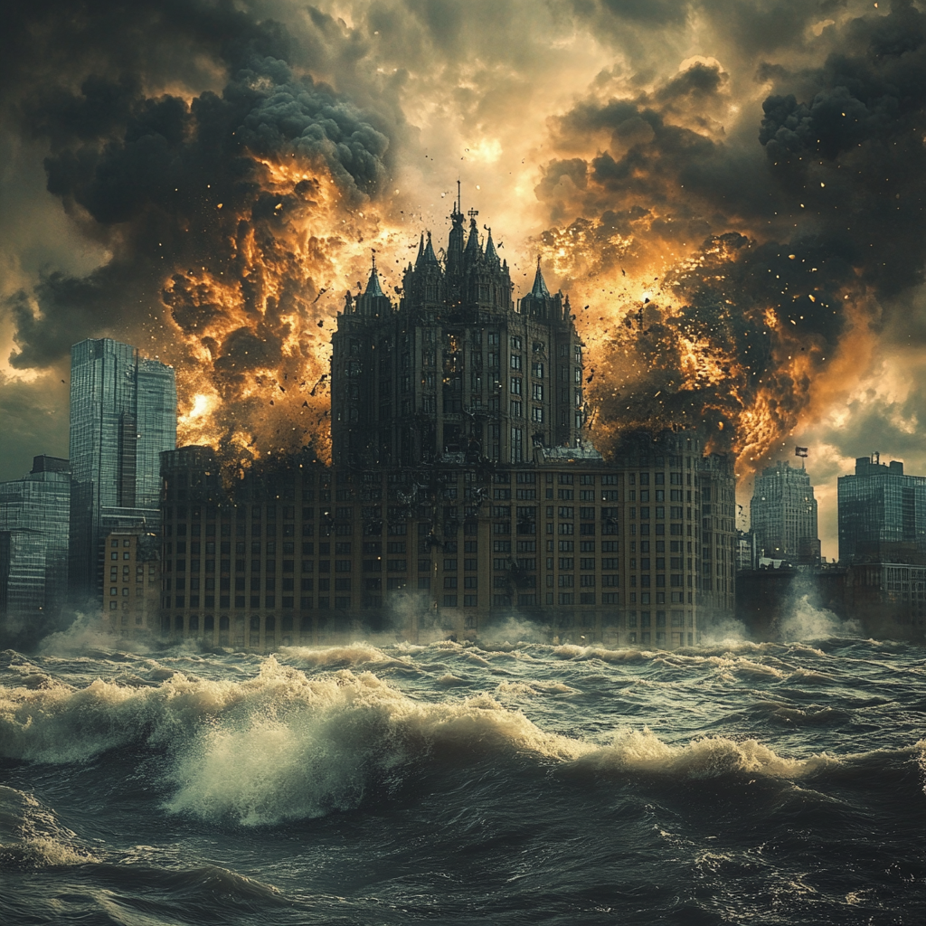 Een dramatische scène met een groot, digitaal kasteel dat langzaam afbrokkelt, symboliserend de gevallen beveiliging van een prestigieus hotelmerk. In de achtergrond een skyline vol wolkenkrabbers, een duidelijke scheidingslijn tussen chaos en orde. De afbeelding moet een gevoel van urgentie en verandering uitstralen, zonder tekst of woorden.