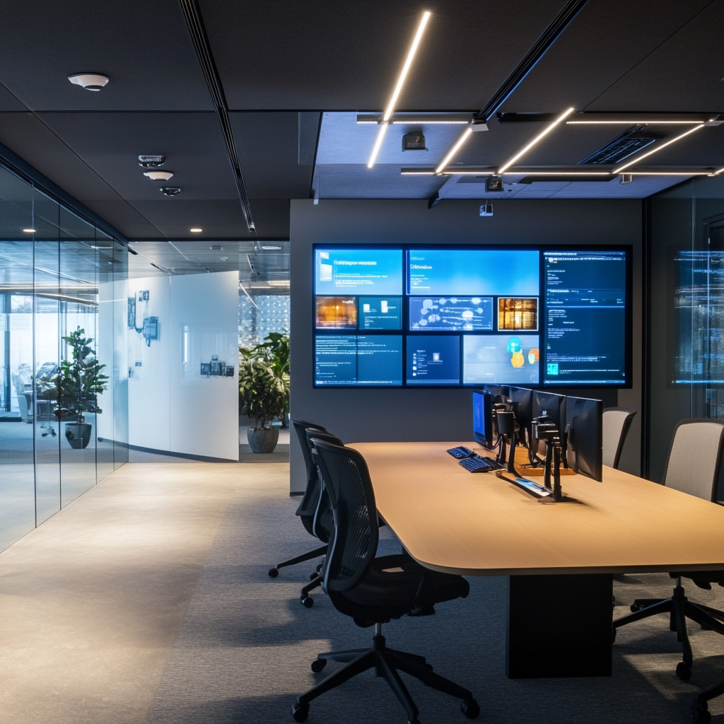 Een futuristische en geavanceerde technologieruimte binnen het hoofdkantoor van Apple, verlicht door een zacht blauw licht. In het midden van de ruimte staan glanzende AI-modules en holografische schermen die geavanceerde data en visuals tonen. De sfeer is innovatief en vooruitstrevend, met een vleugje mysterie. Geen tekst of woorden in de afbeelding.