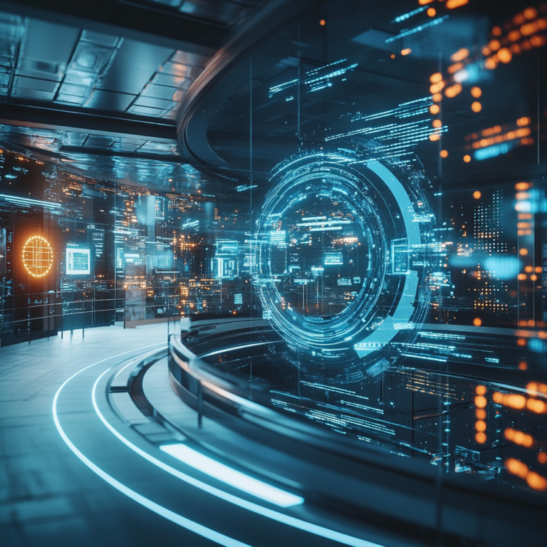 Visualiseer een moderne gezondheidszorgomgeving waarin cybersecurity centraal staat. Toon een gedetailleerde scene met complexe netwerkstructuren en beveiligingssystemen. De sfeer is hoogtechnologisch en futuristisch, met een gevoel van veiligheid en bescherming. Gebruik koele kleuren zoals blauw en metallic tinten om de technologische vooruitgang en beveiliging te benadrukken. Geen tekst of woorden in de afbeelding.